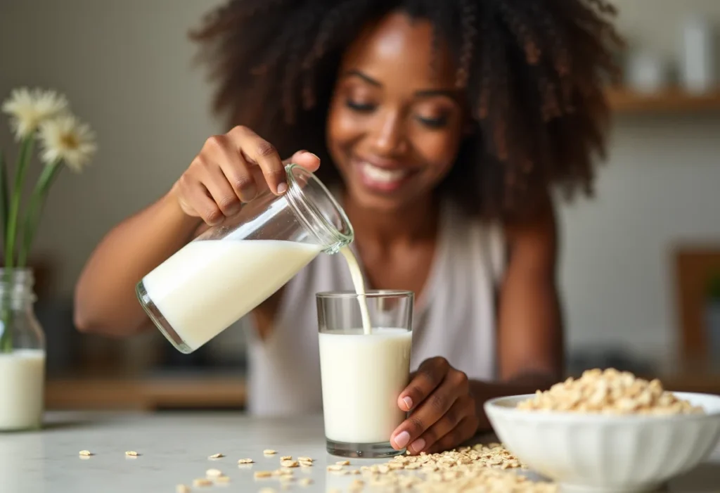 Mulher radiante despejando leite de aveia caseiro.