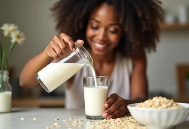 Mulher radiante despejando leite de aveia caseiro.