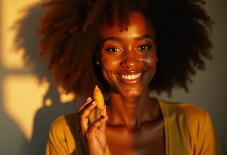 Mulher radiante segurando raiz de cúrcuma