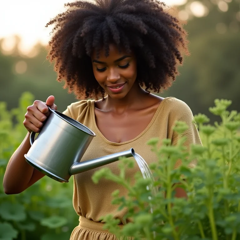 Mulher regando plantas de endro.