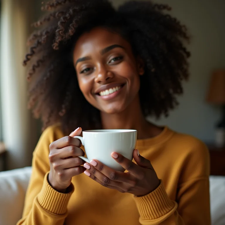 Mulher relaxada bebendo chá de camomila.