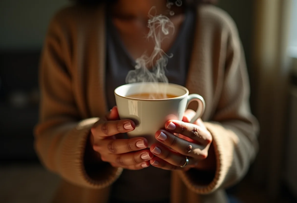 Mulher relaxada bebendo chá para aliviar a dor da tendinite