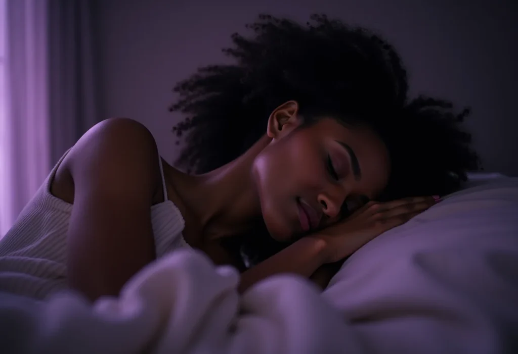 Mulher relaxada dormindo em lençóis claros, com um aroma suave de lavanda no ar.