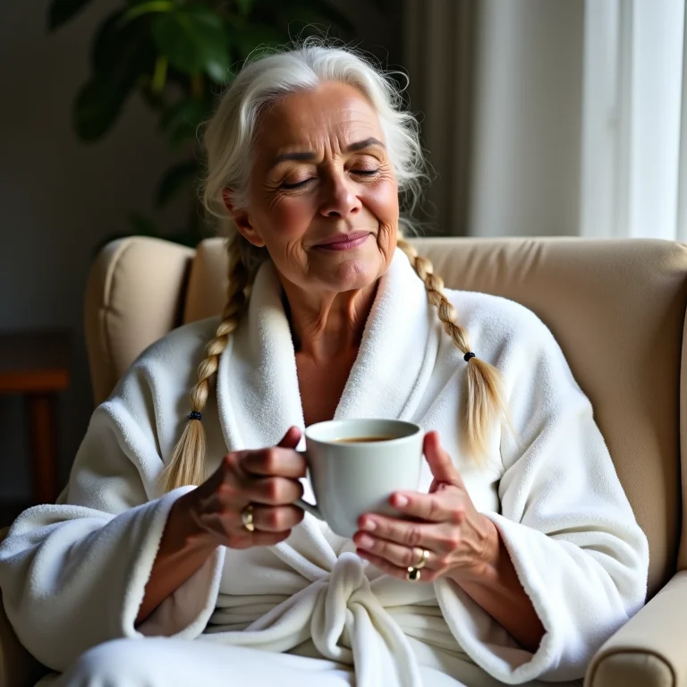 Mulher relaxando com chá antes de dormir.