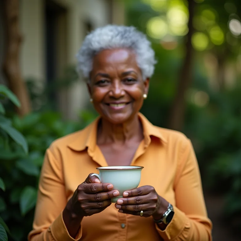Mulher relaxando com chá de amora e hibisco.