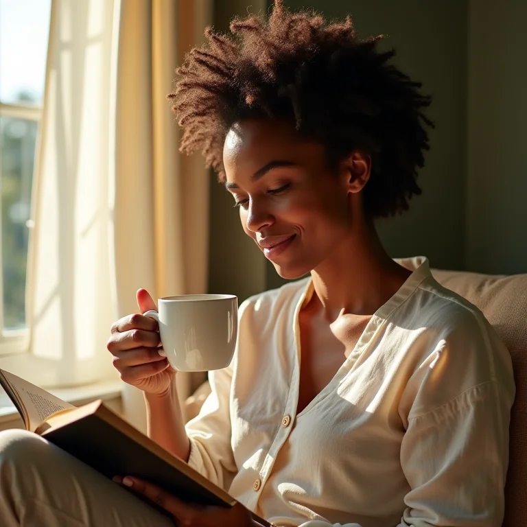 Mulher relaxando com chá de estévia.