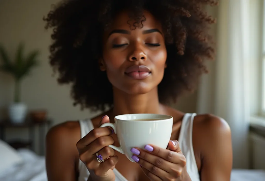 Dor de cabeça? O segredo do chá de lavanda que alivia de verdade Mulher relaxando com chá de lavanda para aliviar dor de cabeça