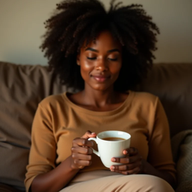 Mulher relaxando com chá de poejo.