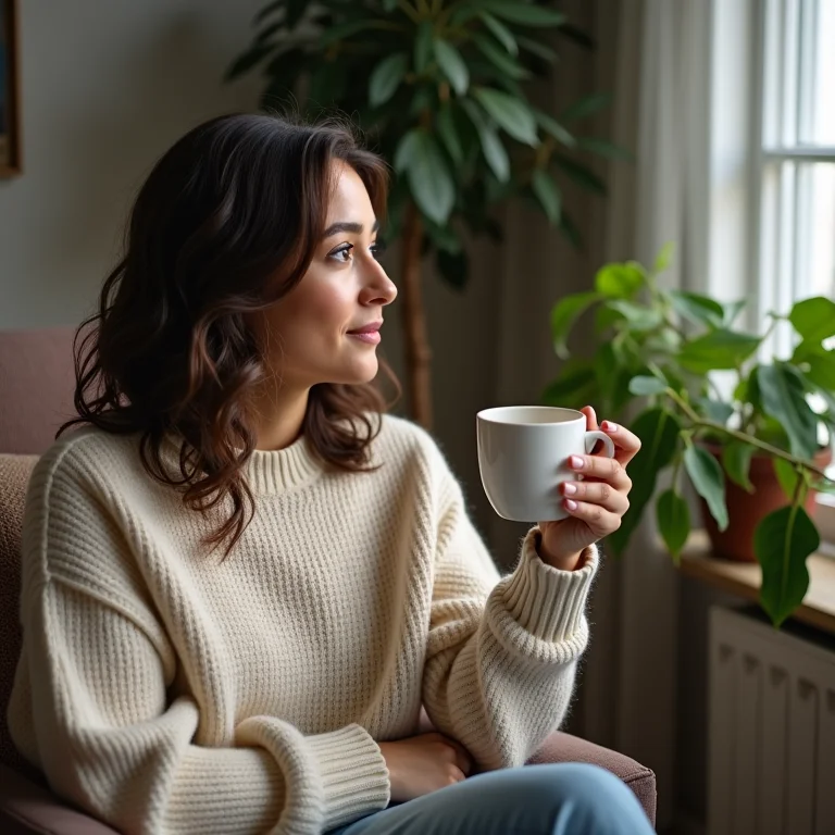 Mulher relaxando com chá e pensando sobre emagrecimento.