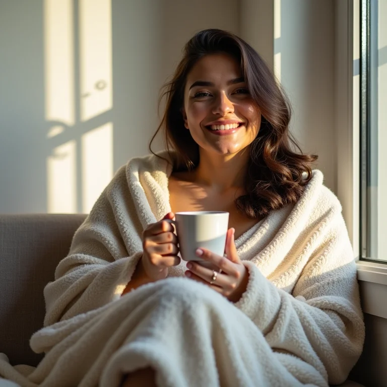 Mulher relaxando com chá em dia chuvoso.