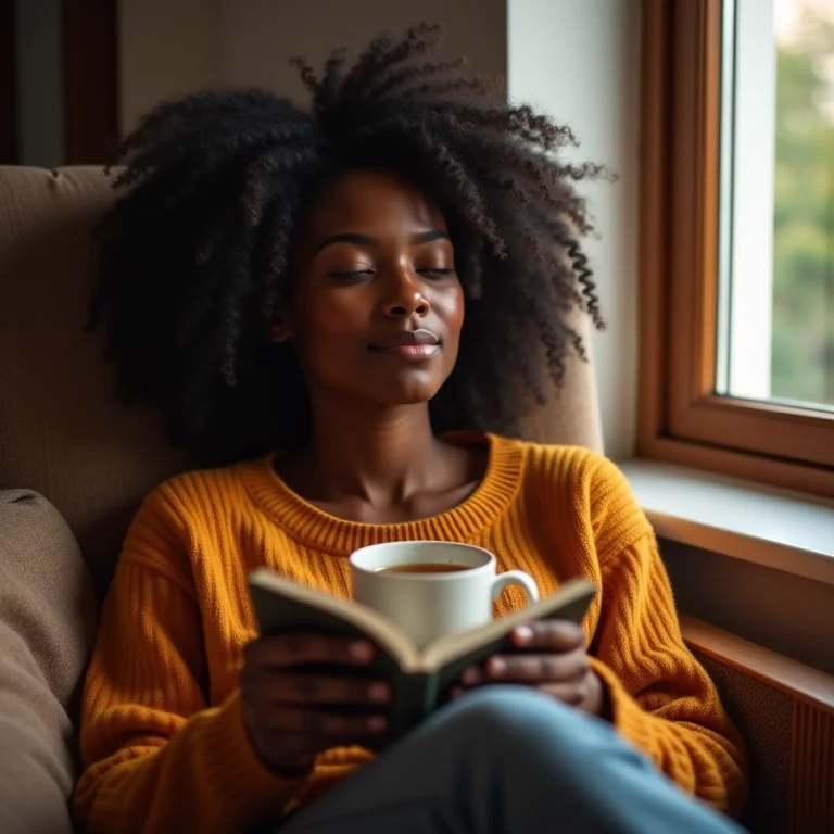 Mulher relaxando com chá Genmaicha em um ambiente aconchegante.