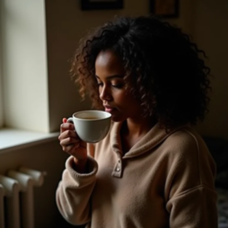 Mulher relaxando com uma xícara de chá após uma noite de trabalho produtivo.