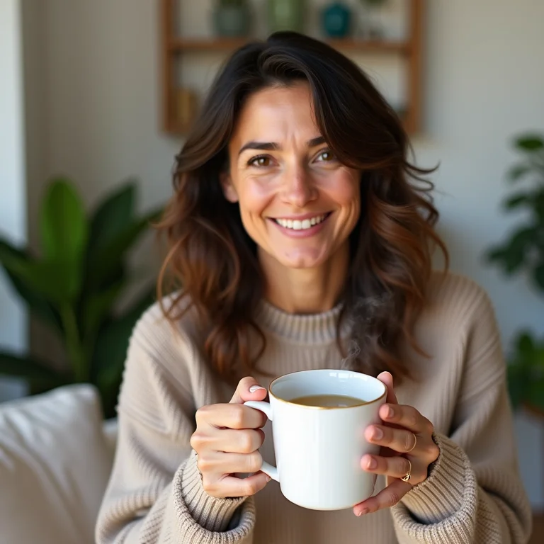Mulher relaxando com uma xícara de chá de capim santo e gengibre