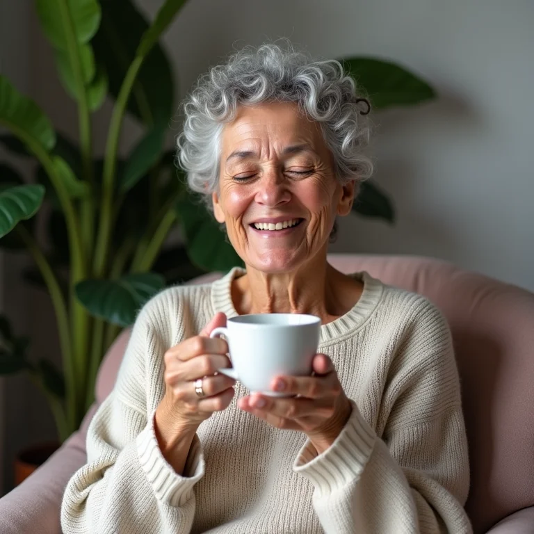 Mulher relaxando com uma xícara de chá de hibisco com hortelã