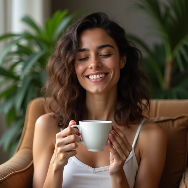 Mulher relaxando com uma xícara de chá de hortelã
