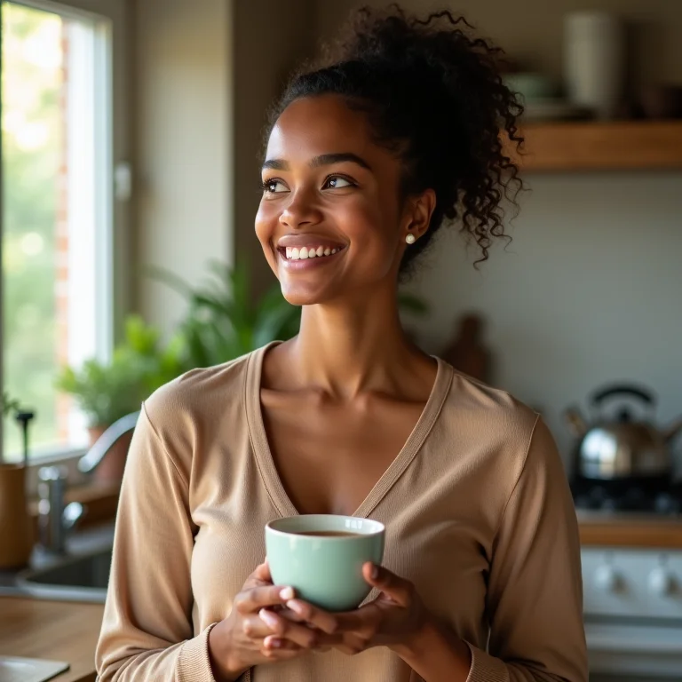 Mulher relaxando com uma xícara de chá Genmaicha.