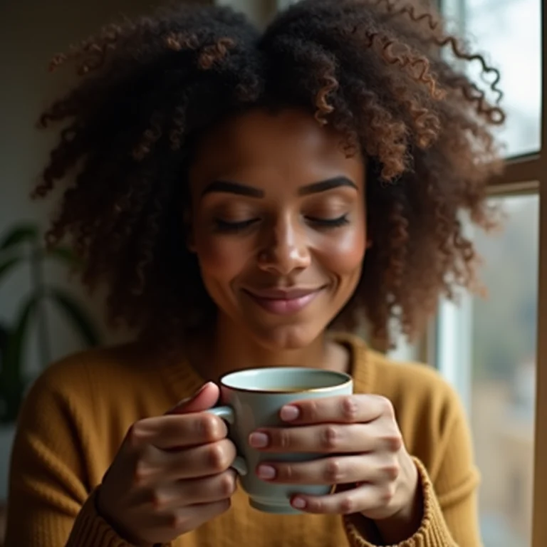 Mulher relaxando com uma xícara de chá.