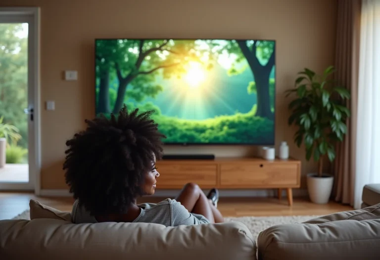 Mulher relaxando em sala de estar moderna com TV OLED exibindo paisagem natural.