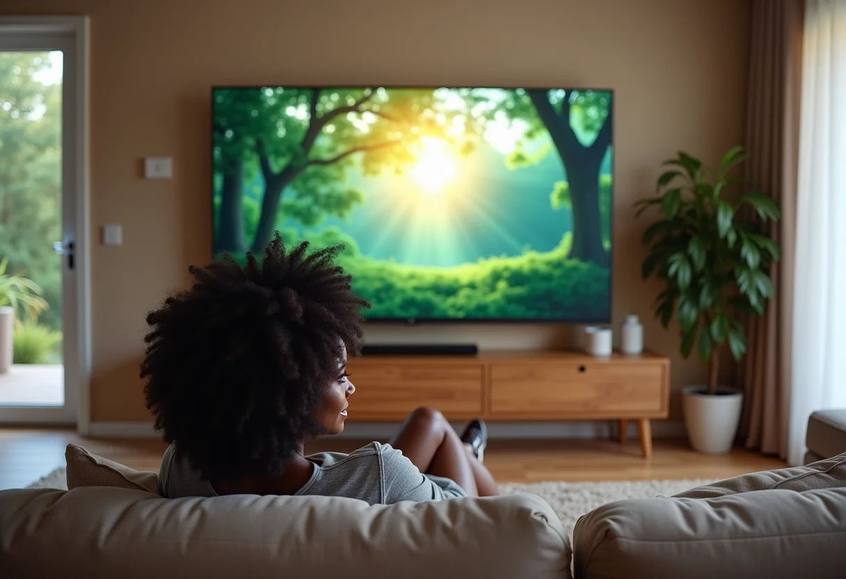 Mulher relaxando em sala de estar moderna com TV OLED exibindo paisagem natural.
