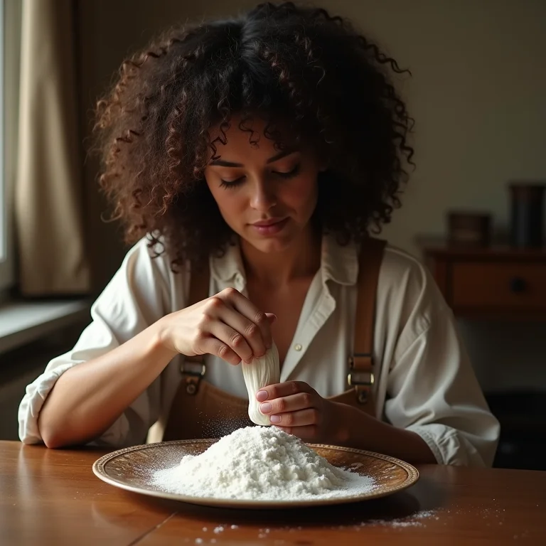 Mulher removendo mancha antiga de gordura da madeira com bicarbonato