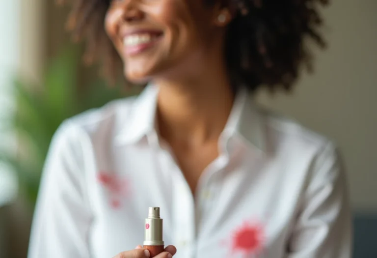Mulher removendo mancha de batom de camisa branca