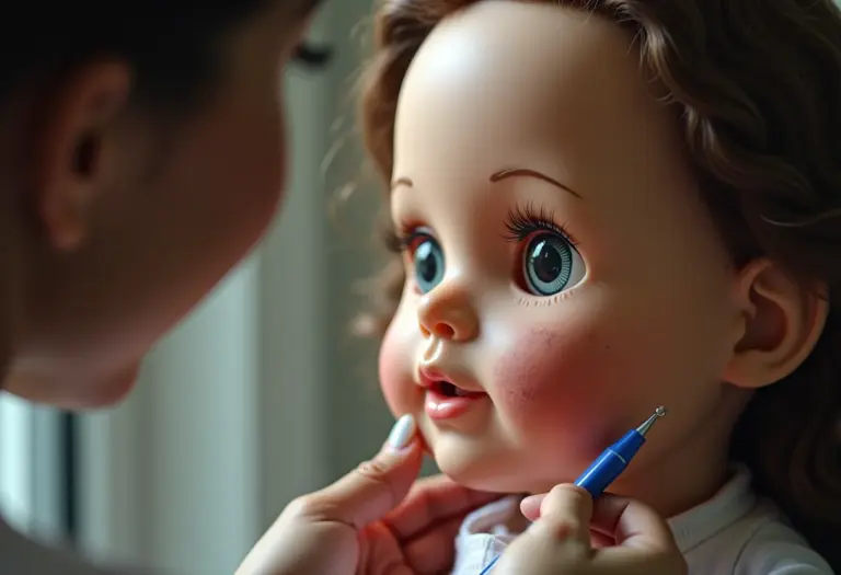 Mulher removendo mancha de caneta de boneca