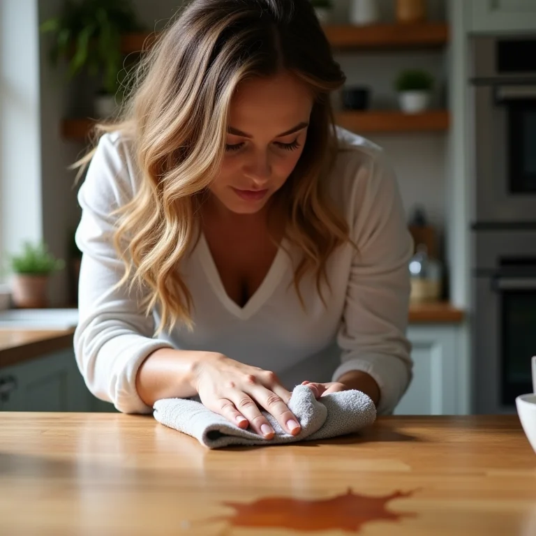 Mulher removendo mancha recente de gordura da madeira