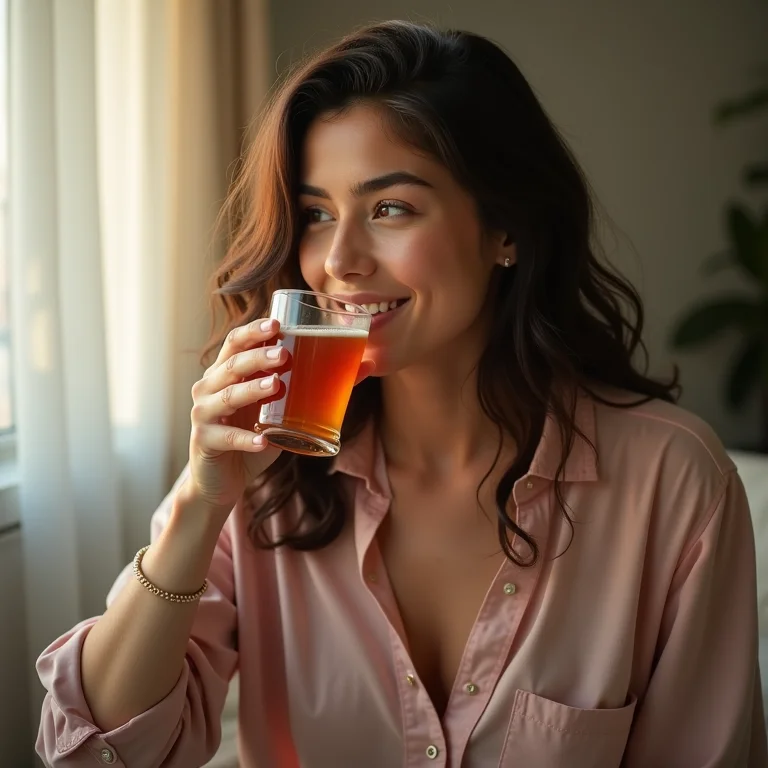 Mulher se sentindo bem ao beber chá de folha de amora