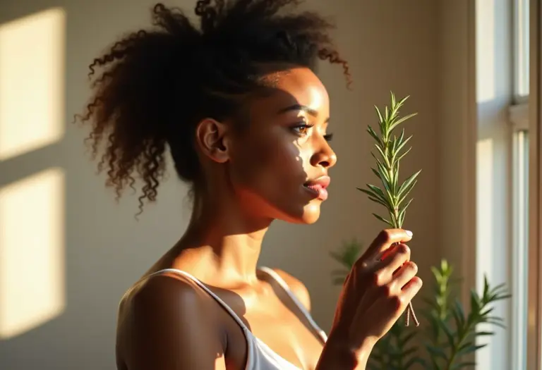 Mulher segura delicadamente arruda, protegendo-se do mau-olhado.