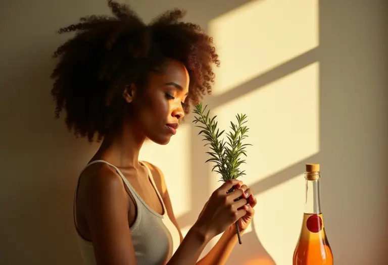 Mulher segurando arruda perto de frasco de álcool