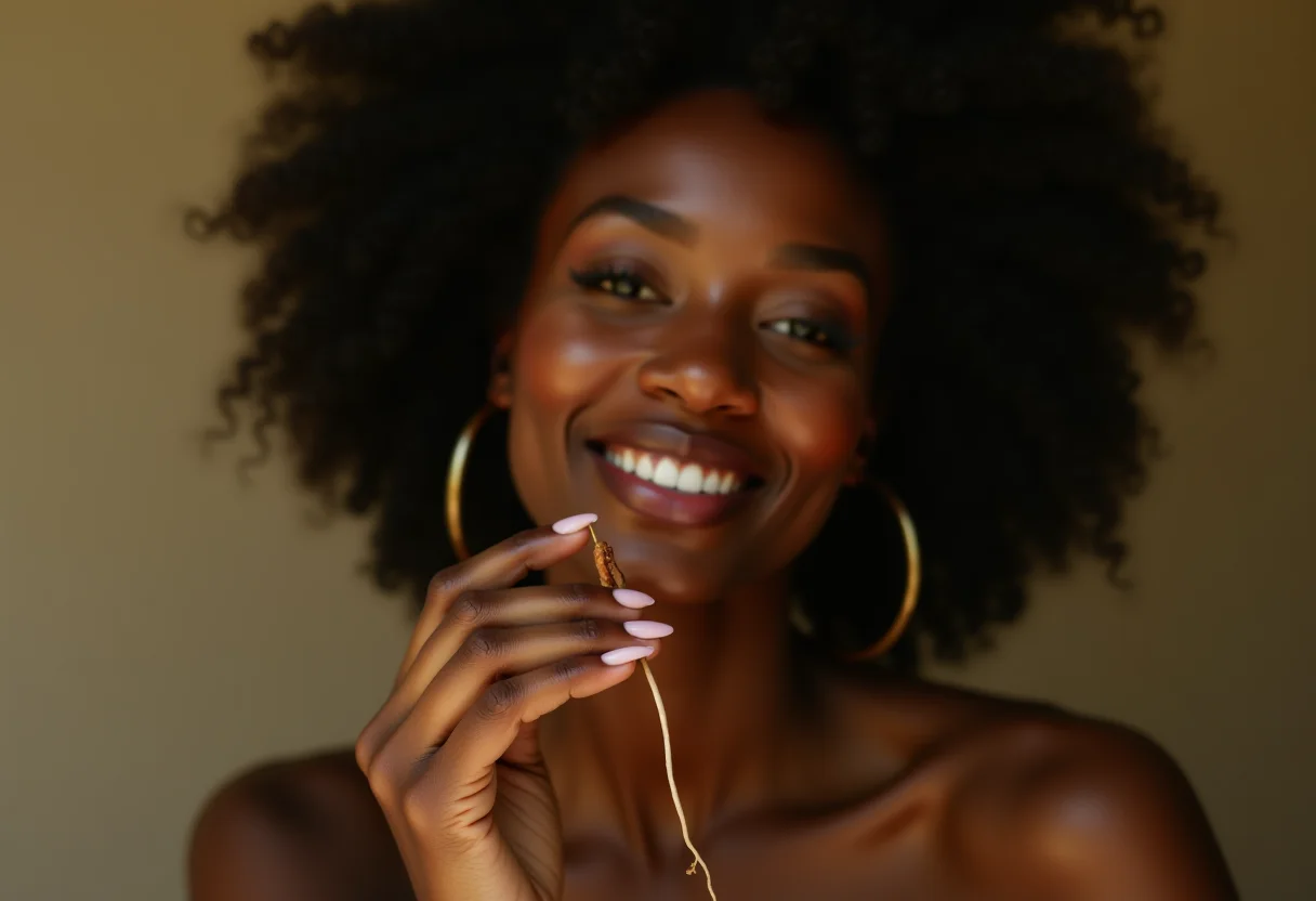 Mulher segurando raiz de alcaçuz sorrindo