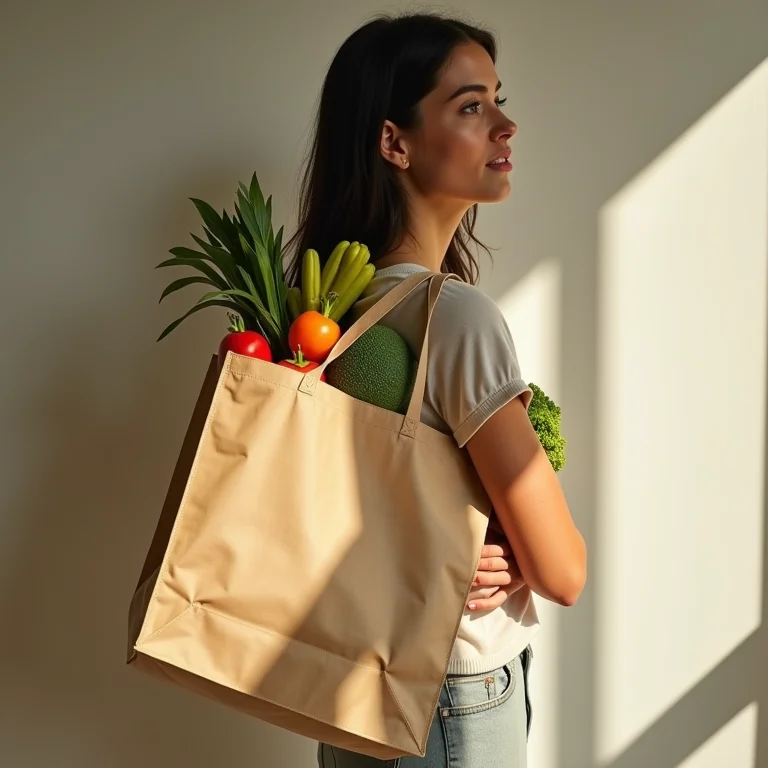 Mulher segurando sacola de compras reutilizável com alimentos saudáveis