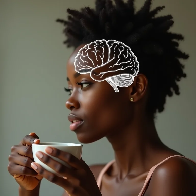 Mulher segurando xícara de chá perto da cabeça com ilustração de cérebro