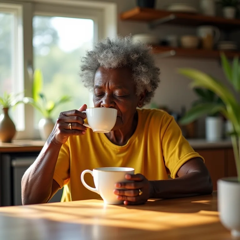 Mulher sênior tomando chá de capim santo e gengibre para digestão