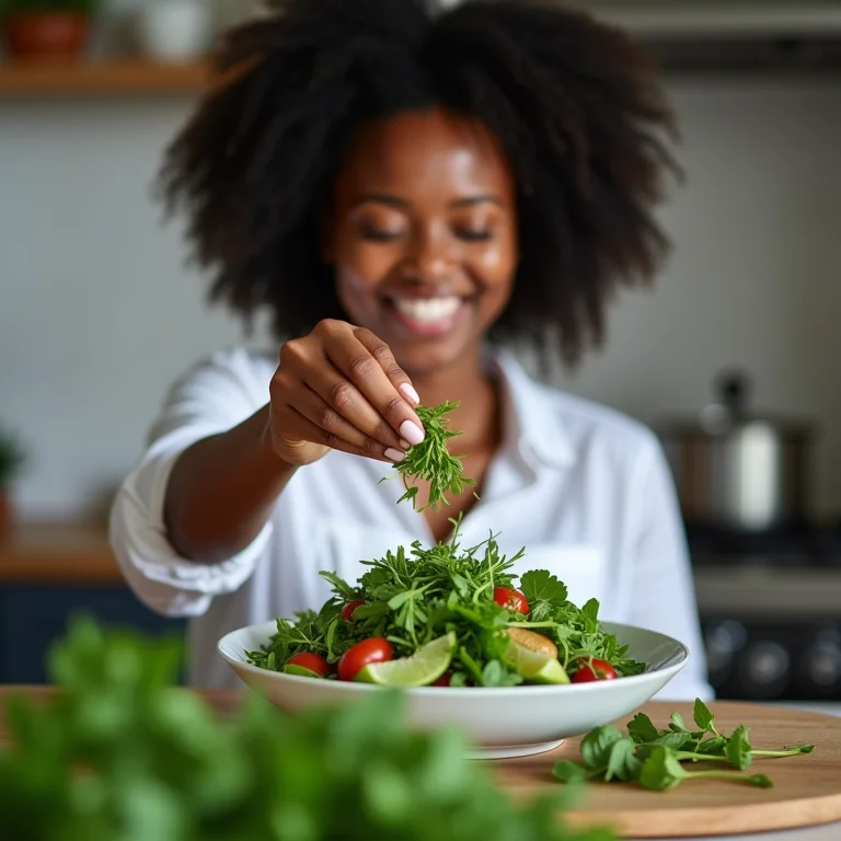 Mulher sorrindo adicionando estragão fresco a uma salada verde