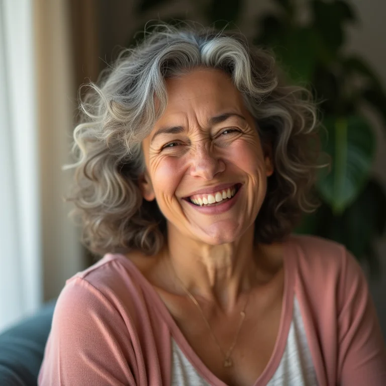 Mulher sorrindo aliviada.