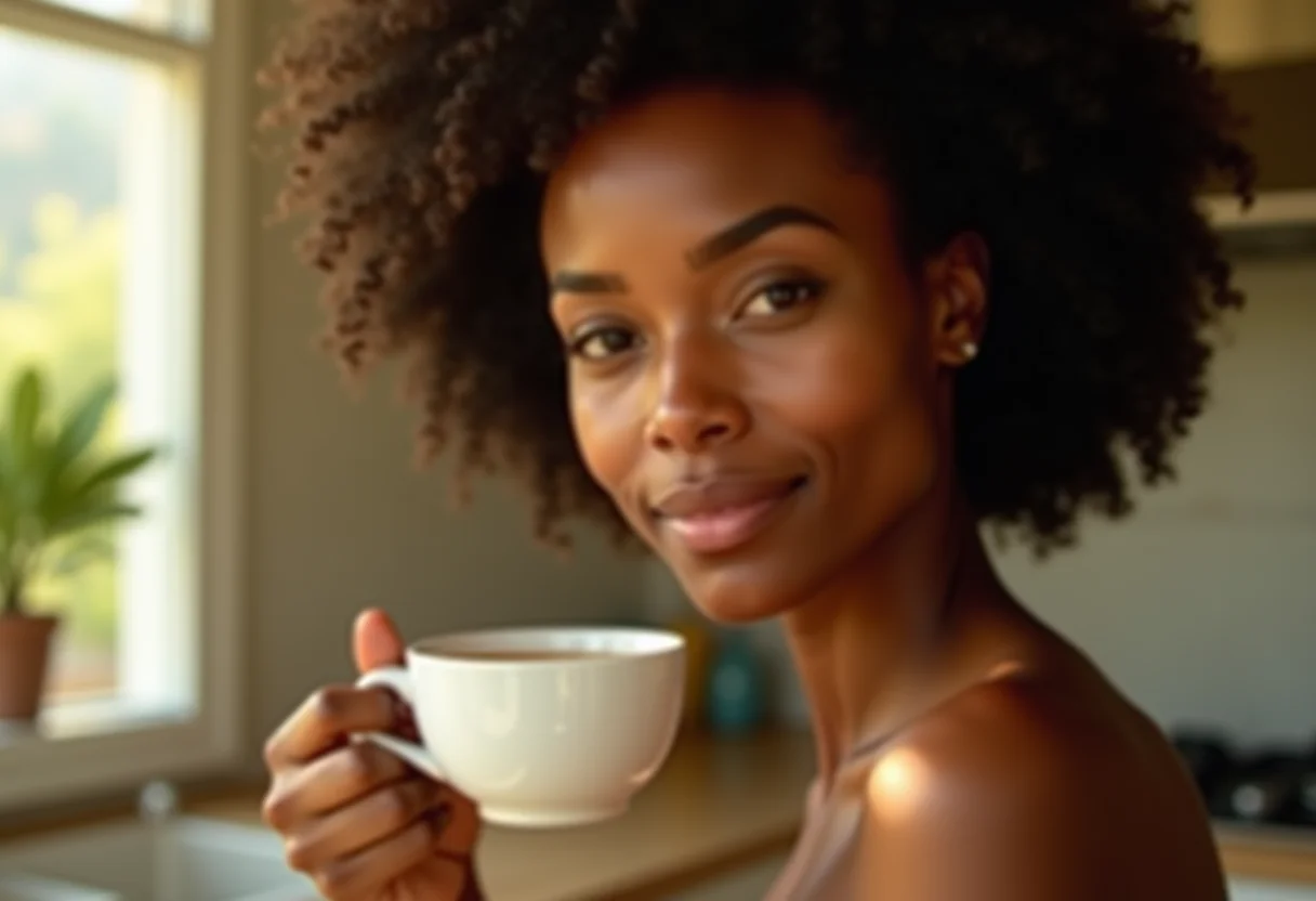Mulher sorrindo bebendo chá de quebra pedra.