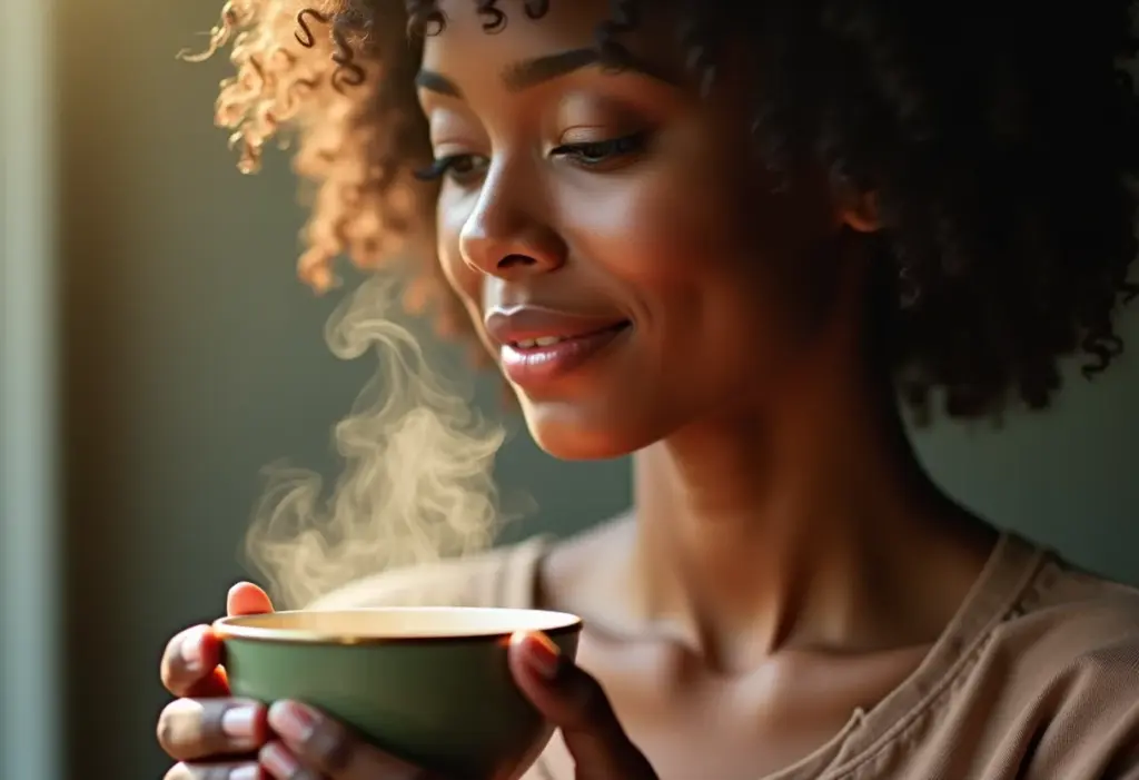 Mulher sorrindo bebendo chá para aliviar sintomas da TPM