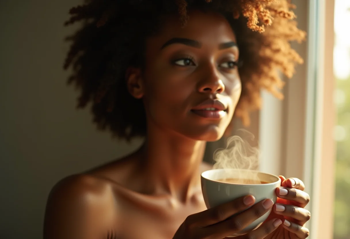 Mulher sorrindo bebendo chá para ansiedade