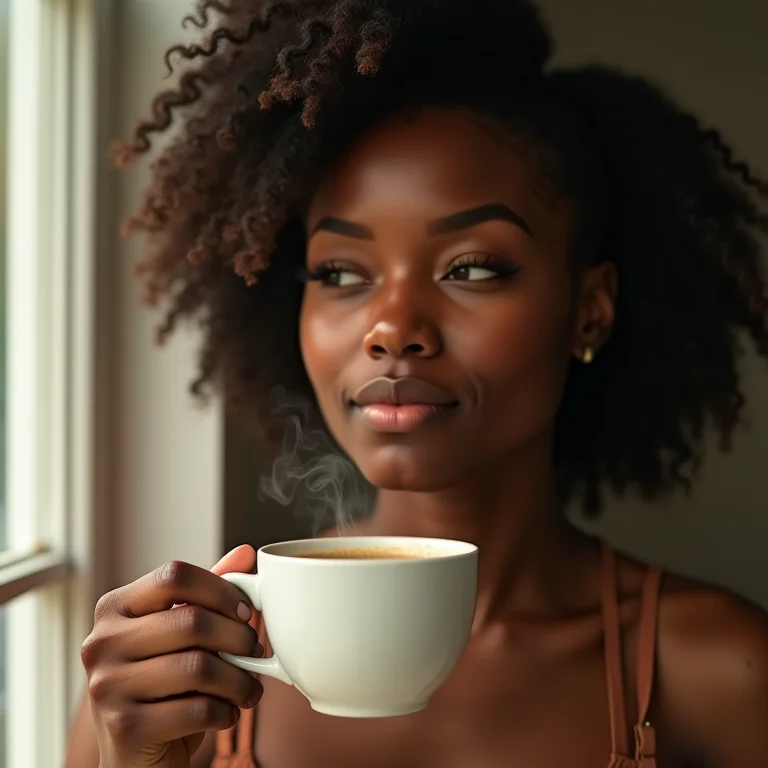 Mulher sorrindo bebendo chá.