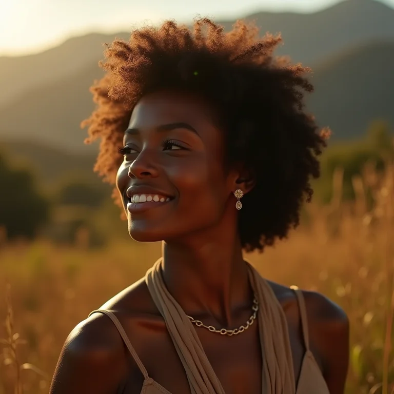 Mulher sorrindo bebendo chimarrão ao ar livre.