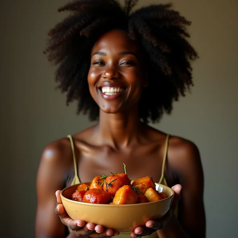 Mulher sorrindo com legumes assados com páprica