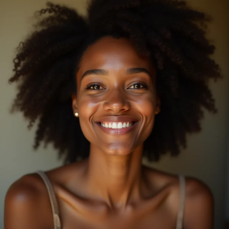 Mulher sorrindo com pele clara e confiante.