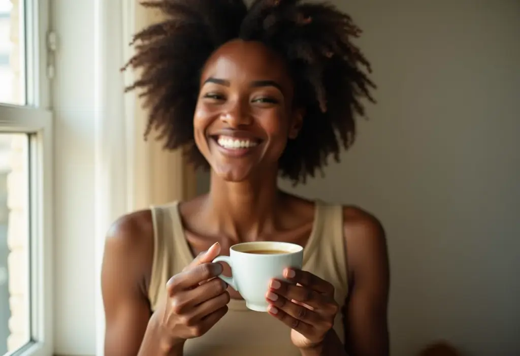 Mulher sorrindo com xícara de chá de camomila.