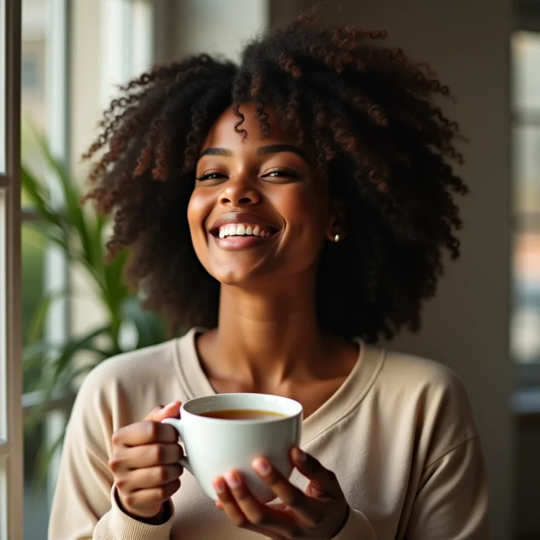 Mulher sorrindo com xícara de chá.