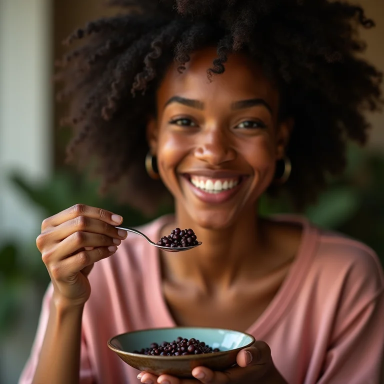 Mulher sorrindo comendo refeição saudável com feijão azuki