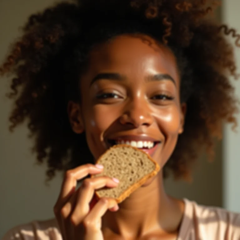 Mulher sorrindo enquanto come pão de trigo sarraceno