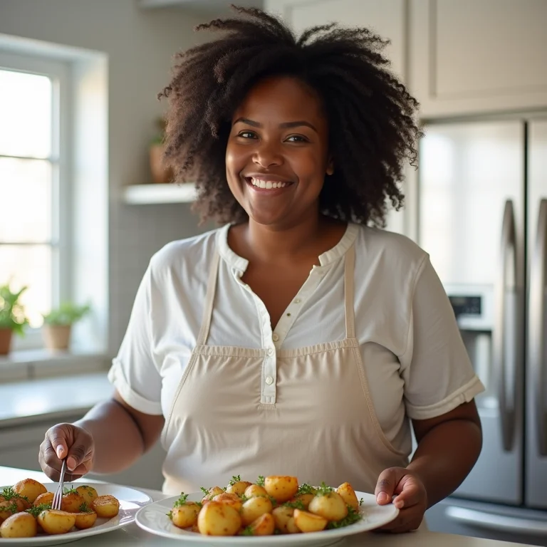 Mulher sorrindo enquanto monta um prato com batatas assadas e tomilho.