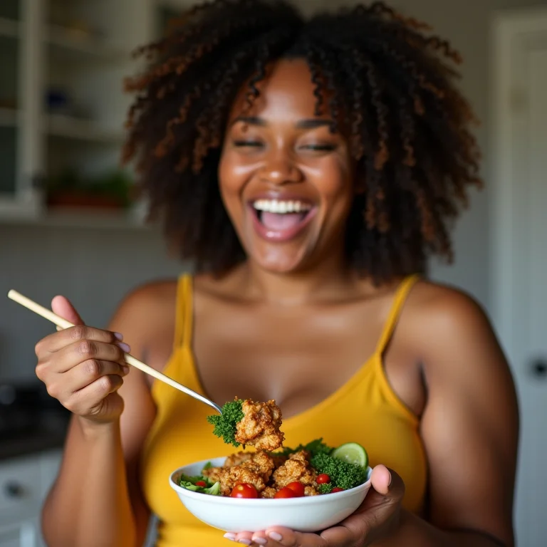 Mulher sorrindo enquanto saboreia proteína de soja temperada com vegetais.