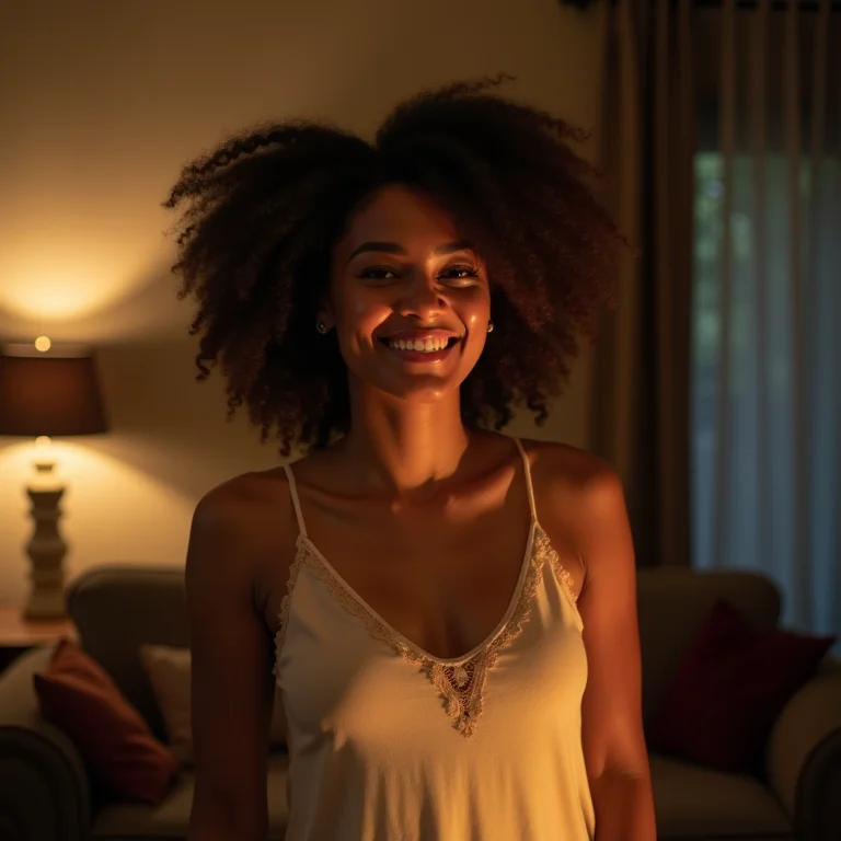 Mulher sorrindo orgulhosamente mostrando seu projeto DIY de iluminação indireta.